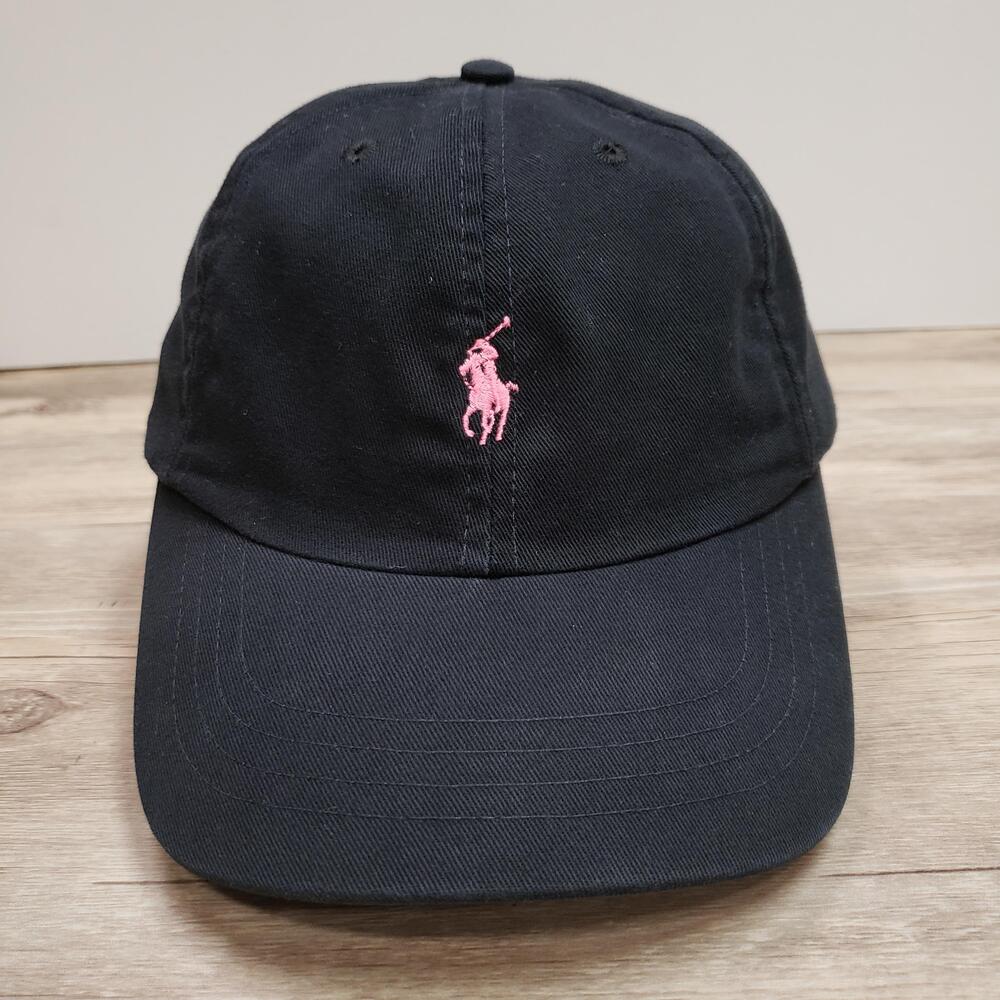 Ralph Lauren Pink Pony Hat Cap Strap Back Mens One Size Black Cotton Embroidered